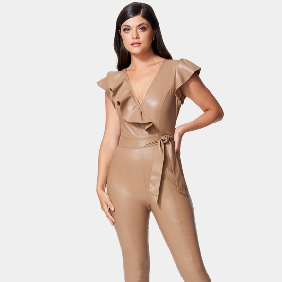 Bebe VEGAN LEATHER RUFFLE JUMPSUIT - Picture 1 of 7